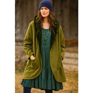 Vintage Coatigan Velvet Trim Fleece Coat Longline Green Velour size XL Hooded